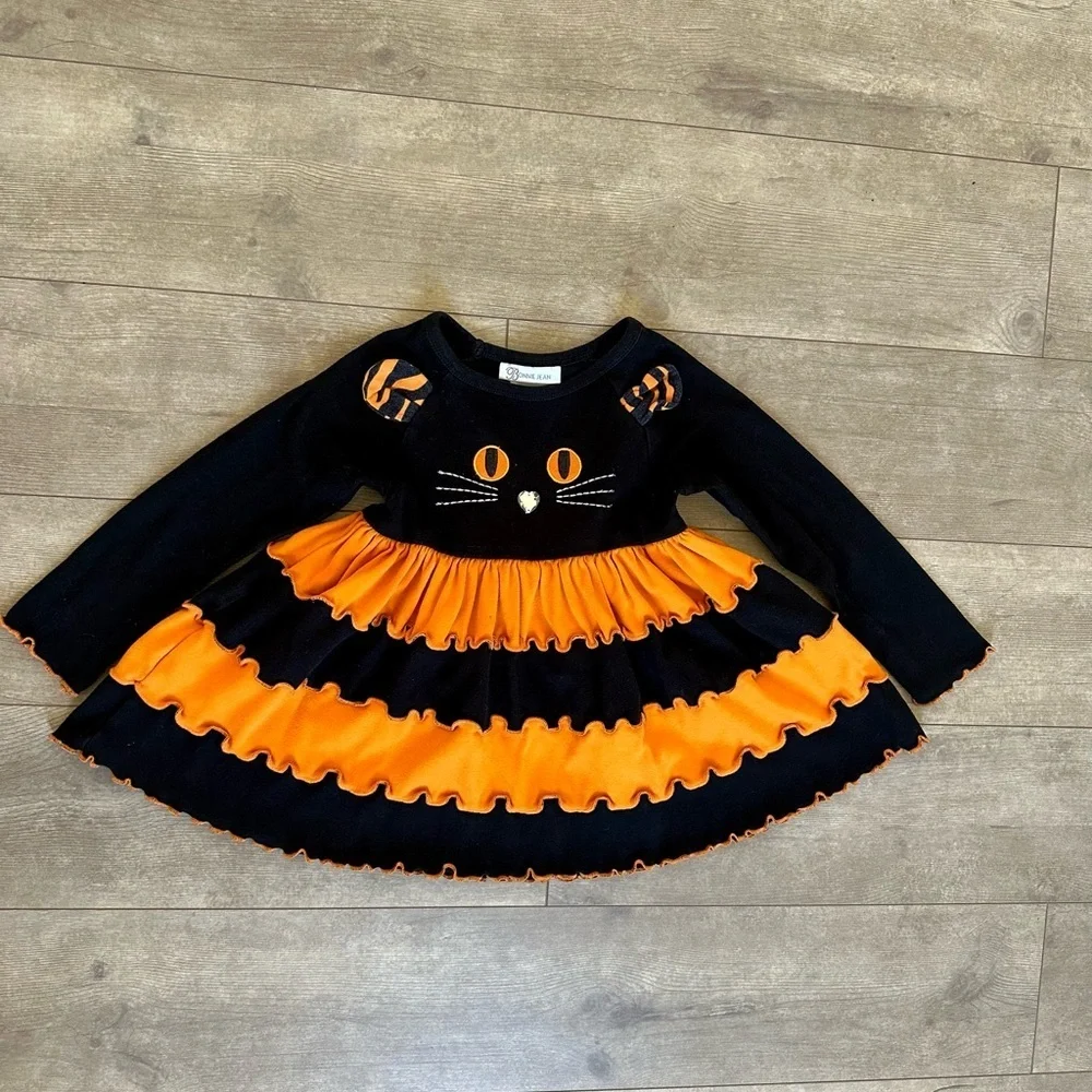 Bonnie Jean Girls Halloween Cat Orange Black Edge Knit Dress Size 6 So cute!